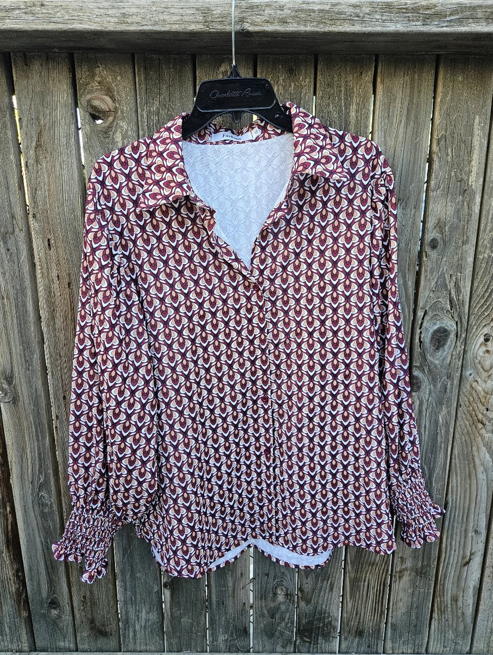 Fashion Woven Geometric Button-Front Blouse - Burgundy Women's Size XL - Picture 1 of 16